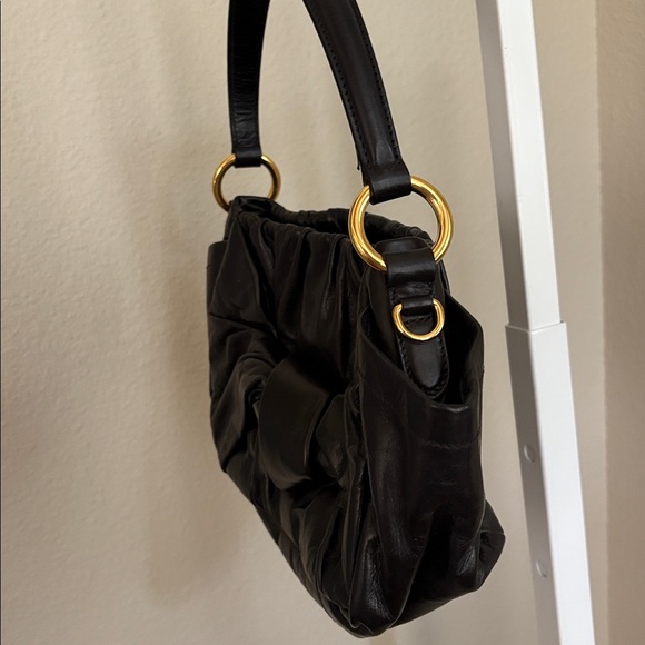 Prada Black Pleated Leather Bow Shoulder Bag - Picture 2 of 9